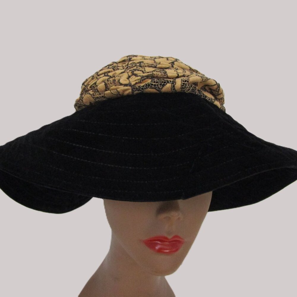 Soft Velvet Floppy Brim Hat Black Velveteen Gold Lace Packable